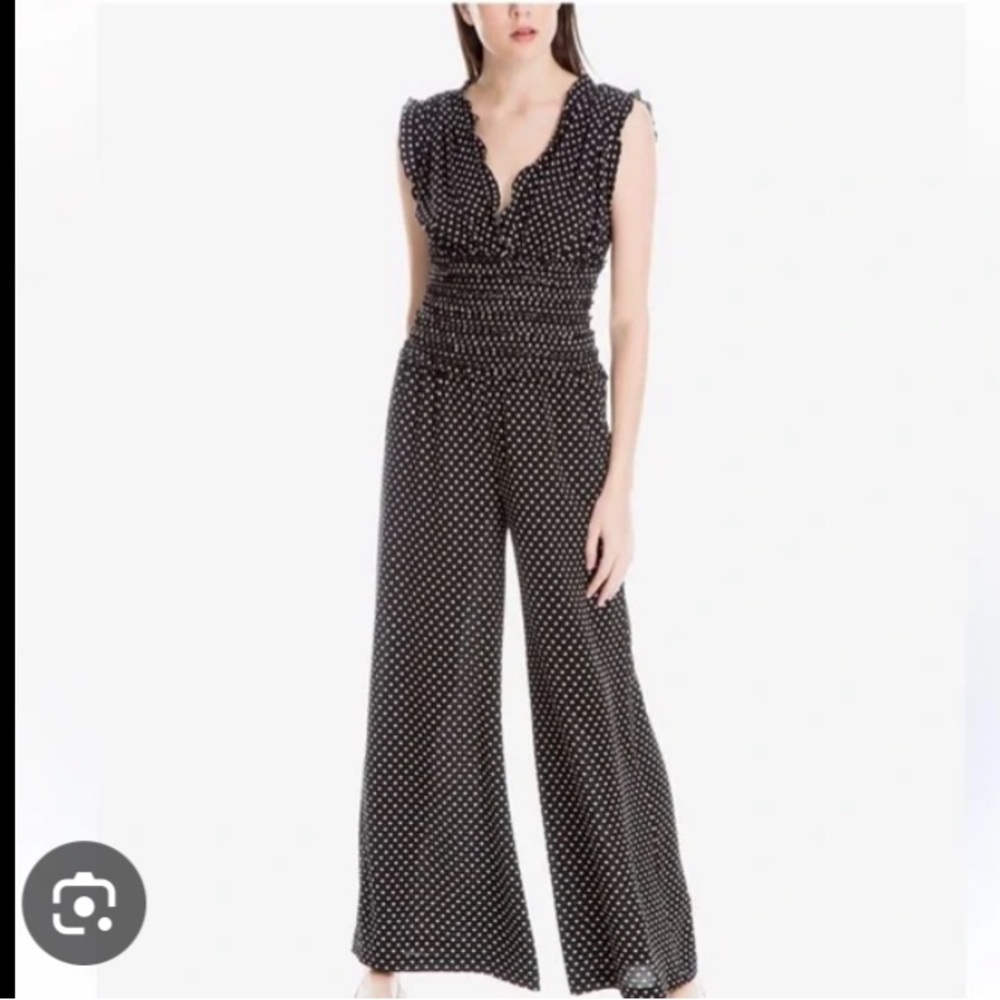 Polka Dot Smocked Wide-Leg Jumpsuit - Black
